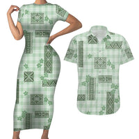 Hawaiian Quilt Tapa On Pastel Mint Palaka Motifs Couples Matching Short Sleeve Bodycon Dress and Hawaiian Shirt LT7 Mint - Polynesian Pride