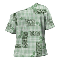 Hawaiian Quilt Tapa On Pastel Mint Palaka Motifs Cross Shoulder Shirt