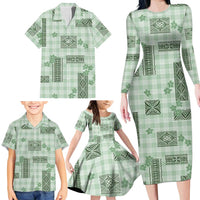 Hawaiian Quilt Tapa On Pastel Mint Palaka Motifs Family Matching Long Sleeve Bodycon Dress and Hawaiian Shirt LT7 - Polynesian Pride