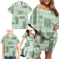 Hawaiian Quilt Tapa On Pastel Mint Palaka Motifs Family Matching Off Shoulder Short Dress and Hawaiian Shirt LT7 - Polynesian Pride
