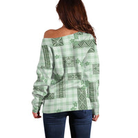 Hawaiian Quilt Tapa On Pastel Mint Palaka Motifs Off Shoulder Sweater