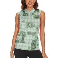 Hawaiian Quilt Tapa On Pastel Mint Palaka Motifs Women Sleeveless Polo Shirt LT7 - Polynesian Pride