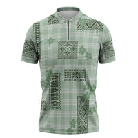 Hawaiian Quilt Tapa On Pastel Mint Palaka Motifs Zipper Polo Shirt