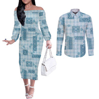 Hawaiian Quilt Tapa On Cold Blue Palaka Motifs Couples Matching Off The Shoulder Long Sleeve Dress and Long Sleeve Button Shirt LT7 Azure - Polynesian Pride