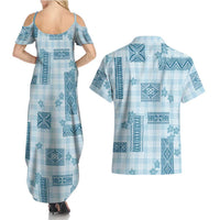 Hawaiian Quilt Tapa On Cold Blue Palaka Motifs Couples Matching Summer Maxi Dress and Hawaiian Shirt LT7 - Polynesian Pride