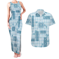 Hawaiian Quilt Tapa On Cold Blue Palaka Motifs Couples Matching Tank Maxi Dress and Hawaiian Shirt LT7 Azure - Polynesian Pride