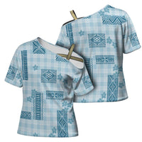 Hawaiian Quilt Tapa On Cold Blue Palaka Motifs Cross Shoulder Shirt