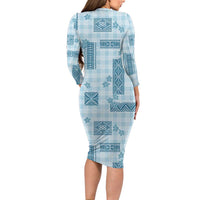 Hawaiian Quilt Tapa On Cold Blue Palaka Motifs Long Sleeve Bodycon Dress