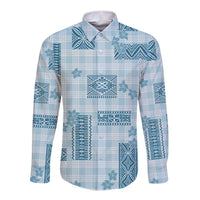 Hawaiian Quilt Tapa On Cold Blue Palaka Motifs Long Sleeve Button Shirt