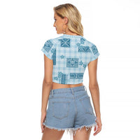 Hawaiian Quilt Tapa On Cold Blue Palaka Motifs Raglan Cropped T Shirt