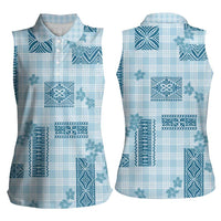 Hawaiian Quilt Tapa On Cold Blue Palaka Motifs Women Sleeveless Polo Shirt LT7 - Polynesian Pride
