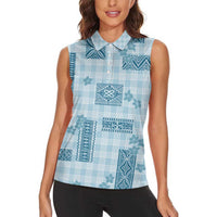 Hawaiian Quilt Tapa On Cold Blue Palaka Motifs Women Sleeveless Polo Shirt LT7 - Polynesian Pride