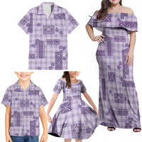 Hawaiian Quilt Tapa On Lilac Palaka Motifs Family Matching Off Shoulder Maxi Dress and Hawaiian Shirt LT7 - Polynesian Pride