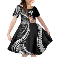 AAPI Heritage Month Family Matching Off Shoulder Short Dress and Hawaiian Shirt Kanaka Hawaii Plumeria LT7 Daughter's Dress Black - Polynesian Pride