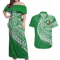 Tonga Liahona High School Personalized Couples Matching Off Shoulder Maxi Dress and Hawaiian Shirt Ngatu Tokelaufeletoa Motifs LT7 Green - Polynesian Pride