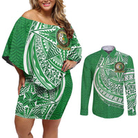 Tonga Liahona High School Personalized Couples Matching Off Shoulder Short Dress and Long Sleeve Button Shirt Ngatu Tokelaufeletoa Motifs LT7 Green - Polynesian Pride