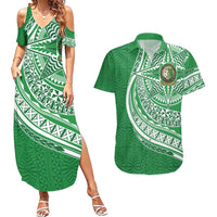 Tonga Liahona High School Personalized Couples Matching Summer Maxi Dress and Hawaiian Shirt Ngatu Tokelaufeletoa Motifs LT7 Green - Polynesian Pride