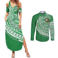 Tonga Liahona High School Personalized Couples Matching Summer Maxi Dress and Long Sleeve Button Shirt Ngatu Tokelaufeletoa Motifs LT7 Green - Polynesian Pride