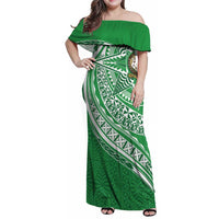 Tonga Liahona High School Personalized Family Matching Off Shoulder Maxi Dress and Hawaiian Shirt Ngatu Tokelaufeletoa Motifs LT7 Mom's Dress Green - Polynesian Pride