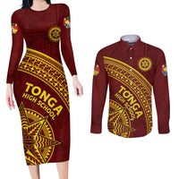 Tonga High School Couples Matching Long Sleeve Bodycon Dress and Long Sleeve Button Shirt THS Anniversary Ngatu Motif LT7 Maroon - Polynesian Pride
