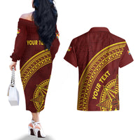 Tonga High School Couples Matching Off The Shoulder Long Sleeve Dress and Hawaiian Shirt THS Anniversary Ngatu Motif LT7 - Polynesian Pride