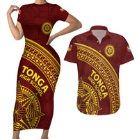 Tonga High School Couples Matching Short Sleeve Bodycon Dress and Hawaiian Shirt THS Anniversary Ngatu Motif LT7 Maroon - Polynesian Pride