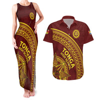 Tonga High School Couples Matching Tank Maxi Dress and Hawaiian Shirt THS Anniversary Ngatu Motif LT7 Maroon - Polynesian Pride
