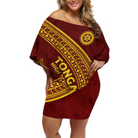 Tonga High School Family Matching Off Shoulder Short Dress and Hawaiian Shirt THS Anniversary Ngatu Motif LT7 Mom's Dress Maroon - Polynesian Pride
