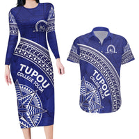 Tupou College Toloa Couples Matching Long Sleeve Bodycon Dress and Hawaiian Shirt Ngatu Tapa Mix Style LT7 Blue - Polynesian Pride