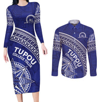 Tupou College Toloa Couples Matching Long Sleeve Bodycon Dress and Long Sleeve Button Shirt Ngatu Tapa Mix Style LT7 Blue - Polynesian Pride