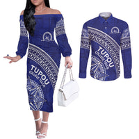 Tupou College Toloa Couples Matching Off The Shoulder Long Sleeve Dress and Long Sleeve Button Shirt Ngatu Tapa Mix Style LT7 Blue - Polynesian Pride