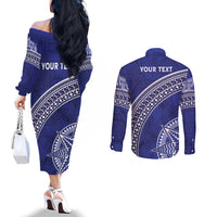 Tupou College Toloa Couples Matching Off The Shoulder Long Sleeve Dress and Long Sleeve Button Shirt Ngatu Tapa Mix Style LT7 - Polynesian Pride