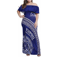Tupou College Toloa Family Matching Off Shoulder Maxi Dress and Hawaiian Shirt Ngatu Tapa Mix Style LT7 Mom's Dress Blue - Polynesian Pride