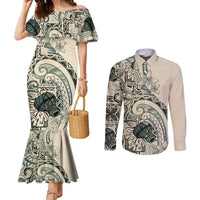 Aloha Hawaii Tapa Couples Matching Mermaid Dress and Long Sleeve Button Shirt Summer Green Hawaiian Ipu LT7 Emerald - Polynesian Pride