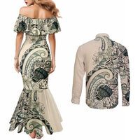 Aloha Hawaii Tapa Couples Matching Mermaid Dress and Long Sleeve Button Shirt Summer Green Hawaiian Ipu LT7 - Polynesian Pride