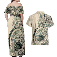 Aloha Hawaii Tapa Couples Matching Off Shoulder Maxi Dress and Hawaiian Shirt Summer Green Hawaiian Ipu LT7 - Polynesian Pride
