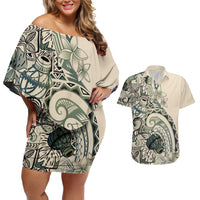 Aloha Hawaii Tapa Couples Matching Off Shoulder Short Dress and Hawaiian Shirt Summer Green Hawaiian Ipu LT7 Emerald - Polynesian Pride