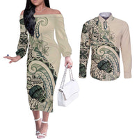 Aloha Hawaii Tapa Couples Matching Off The Shoulder Long Sleeve Dress and Long Sleeve Button Shirt Summer Green Hawaiian Ipu LT7 Emerald - Polynesian Pride