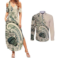 Aloha Hawaii Tapa Couples Matching Summer Maxi Dress and Long Sleeve Button Shirt Summer Green Hawaiian Ipu LT7 Emerald - Polynesian Pride