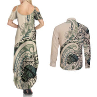 Aloha Hawaii Tapa Couples Matching Summer Maxi Dress and Long Sleeve Button Shirt Summer Green Hawaiian Ipu LT7 - Polynesian Pride
