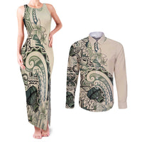 Aloha Hawaii Tapa Couples Matching Tank Maxi Dress and Long Sleeve Button Shirt Summer Green Hawaiian Ipu LT7 Emerald - Polynesian Pride