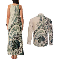 Aloha Hawaii Tapa Couples Matching Tank Maxi Dress and Long Sleeve Button Shirt Summer Green Hawaiian Ipu LT7 - Polynesian Pride