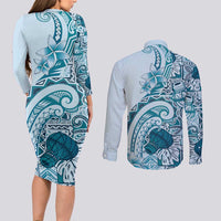Aloha Hawaii Tapa Couples Matching Long Sleeve Bodycon Dress and Long Sleeve Button Shirt Cool Turquoise Hawaiian Ipu LT7 - Polynesian Pride