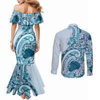 Aloha Hawaii Tapa Couples Matching Mermaid Dress and Long Sleeve Button Shirt Cool Turquoise Hawaiian Ipu LT7 - Polynesian Pride