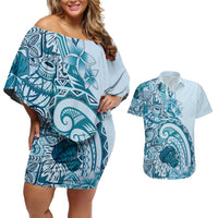 Aloha Hawaii Tapa Couples Matching Off Shoulder Short Dress and Hawaiian Shirt Cool Turquoise Hawaiian Ipu LT7 Turquoise - Polynesian Pride