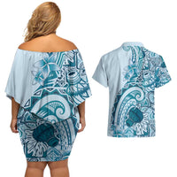 Aloha Hawaii Tapa Couples Matching Off Shoulder Short Dress and Hawaiian Shirt Cool Turquoise Hawaiian Ipu LT7 - Polynesian Pride