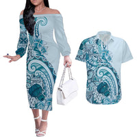 Aloha Hawaii Tapa Couples Matching Off The Shoulder Long Sleeve Dress and Hawaiian Shirt Cool Turquoise Hawaiian Ipu LT7 Turquoise - Polynesian Pride