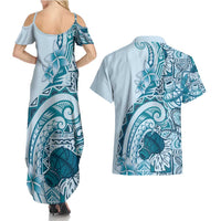 Aloha Hawaii Tapa Couples Matching Summer Maxi Dress and Hawaiian Shirt Cool Turquoise Hawaiian Ipu LT7 - Polynesian Pride
