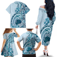 Aloha Hawaii Tapa Family Matching Off The Shoulder Long Sleeve Dress and Hawaiian Shirt Cool Turquoise Hawaiian Ipu LT7 - Polynesian Pride