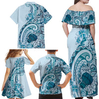 Aloha Hawaii Tapa Family Matching Off Shoulder Maxi Dress and Hawaiian Shirt Cool Turquoise Hawaiian Ipu LT7 - Polynesian Pride